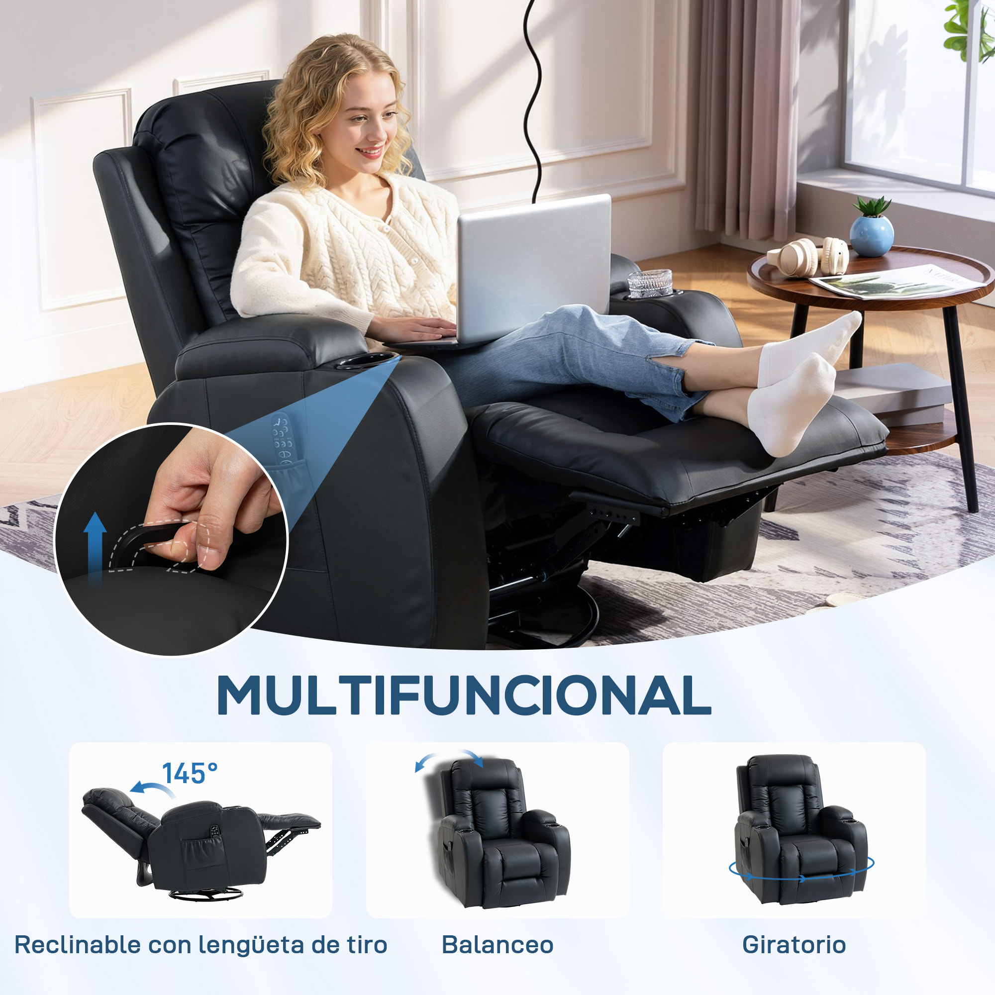 Sillón de Masaje Giratorio, Sillón Relax Reclinable con 8 Puntos de Masaje, Función Calefacción Lumbar, Mando a Distancia, Tapizado en PU, Reposapiés, Bolsillo Lateral, Función Basculante Negro