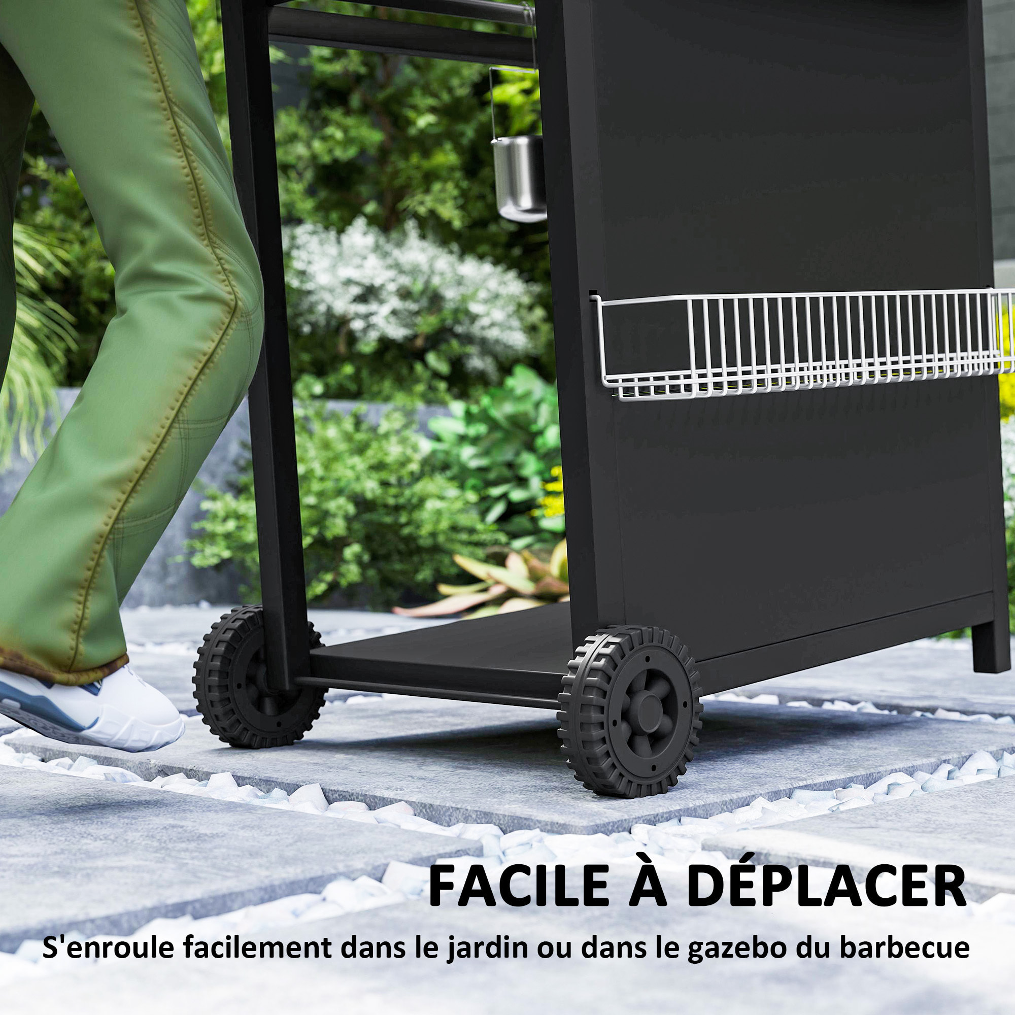 Barbecue gaz 3+1 brûleurs avec couvercle 2 roues - 9,5 kW - 2 grilles chromées, étagères latérales, thermomètre - noir