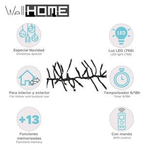 guirnalda con 768 luces led blanco cálido y control remoto con 13 funciones y temporizador