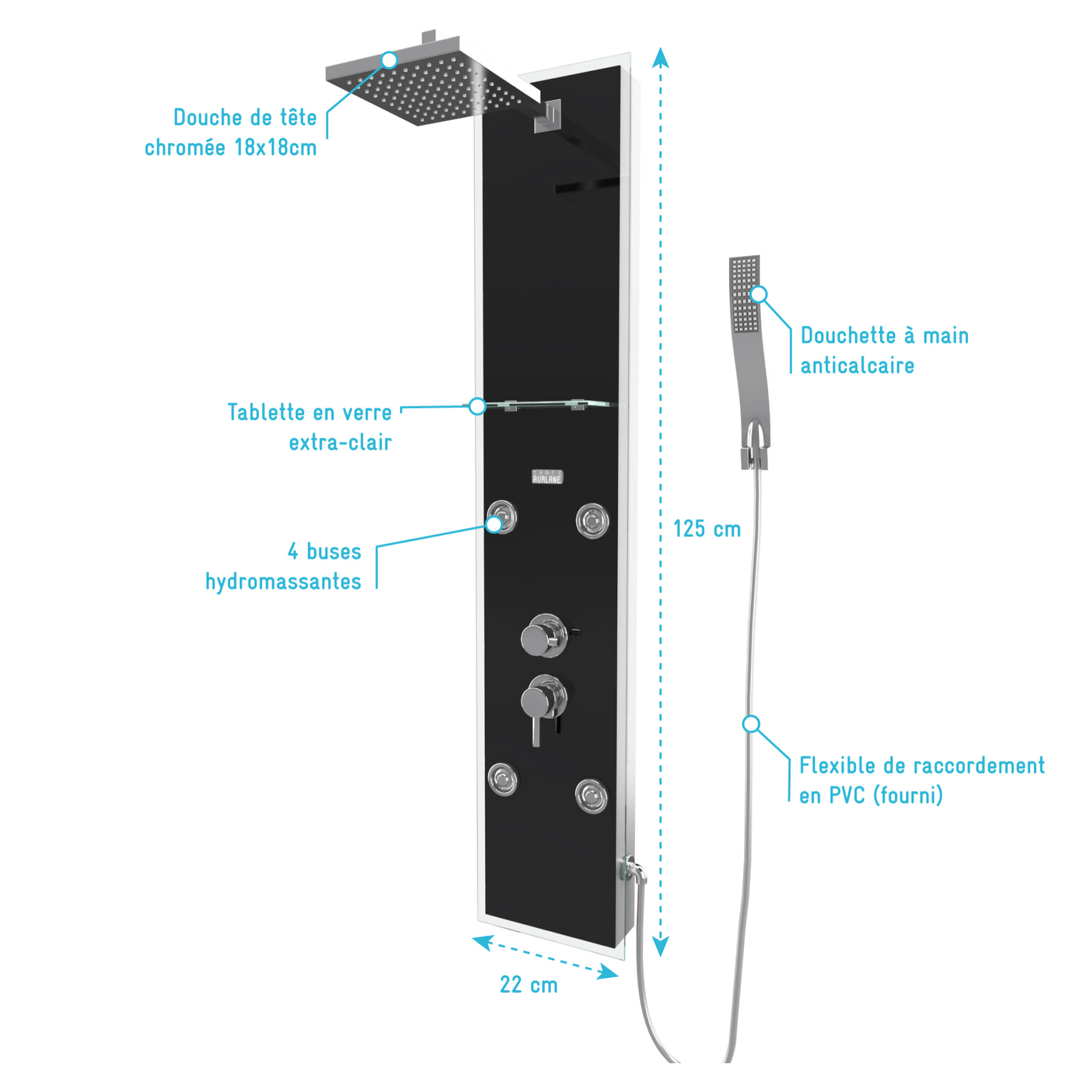 Colonne de douche a hydromassage - 22x125cm - en verre trempe + buses hydromassantes - EPSILON BLACK