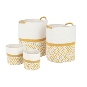 J-Line Set 4 Paniers Rond Motifs Textile Blanc/Orange