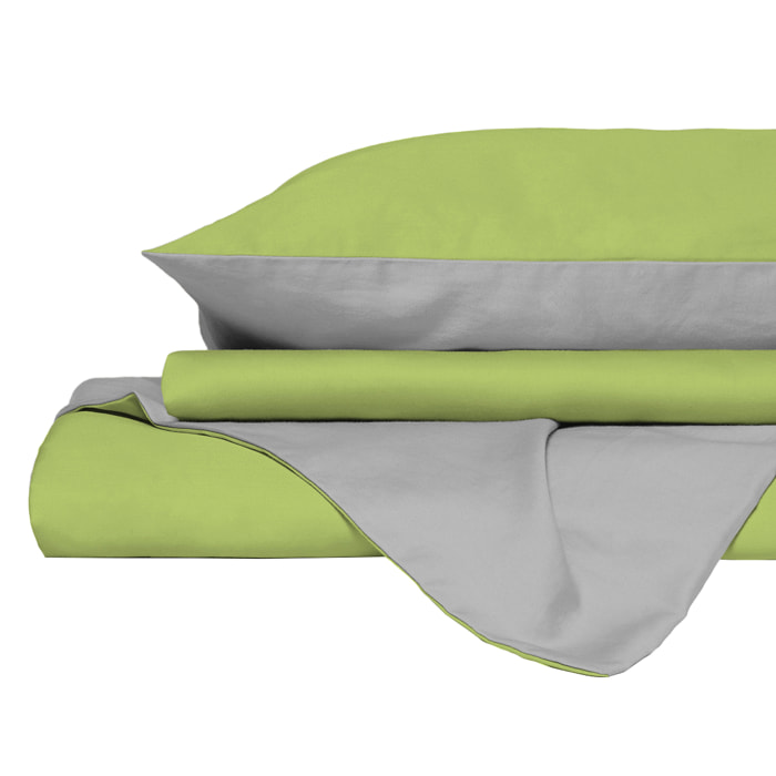 PARURE COPRIPIUMINO NATURAL COLOR, 100% Cotone, Made in Italy - VERDE ACIDO/GRIGIO CHIARO