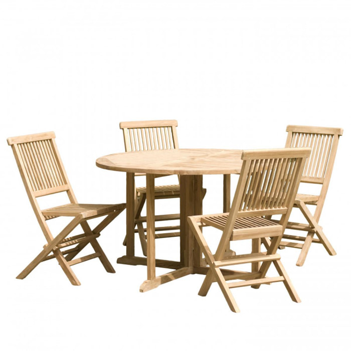 HARRIS - SALON DE JARDIN EN BOIS TECK 4/6 pers : Ensemble de jardin - 1 Table ronde à rabats papillon diam 120 cm et 4 chaises