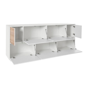 Credenza Virginio, Madia da cucina a 7 ante, Buffet da soggiorno, 100% Made in Italy, cm 200x41h86, Bianco lucido e Noce