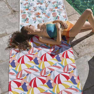 Fouta pur coton 350 g/m² imprimé bleu orange Algues corail