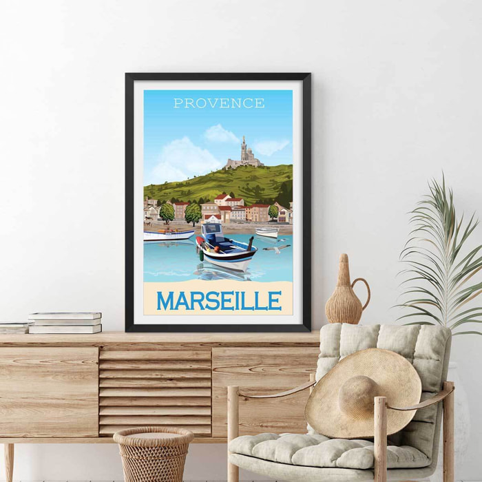 Affiche vintage le vieux port de marseille Affiche + cadre en bois - Noir