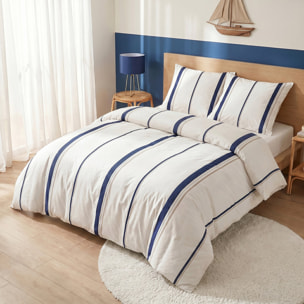 Parure housse de couette 240x220 cm imprimée rayures bleu + 2 taies 100% Coton - LORD