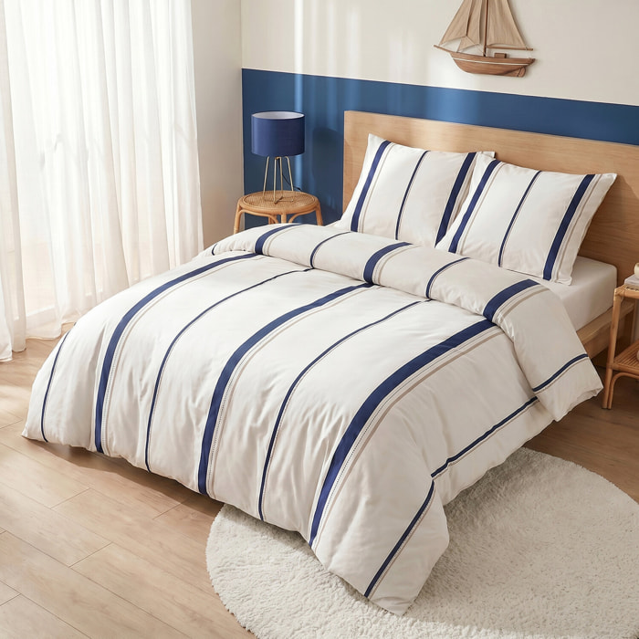 Parure housse de couette 240x220 cm imprimée rayures bleu + 2 taies 100% Coton - LORD