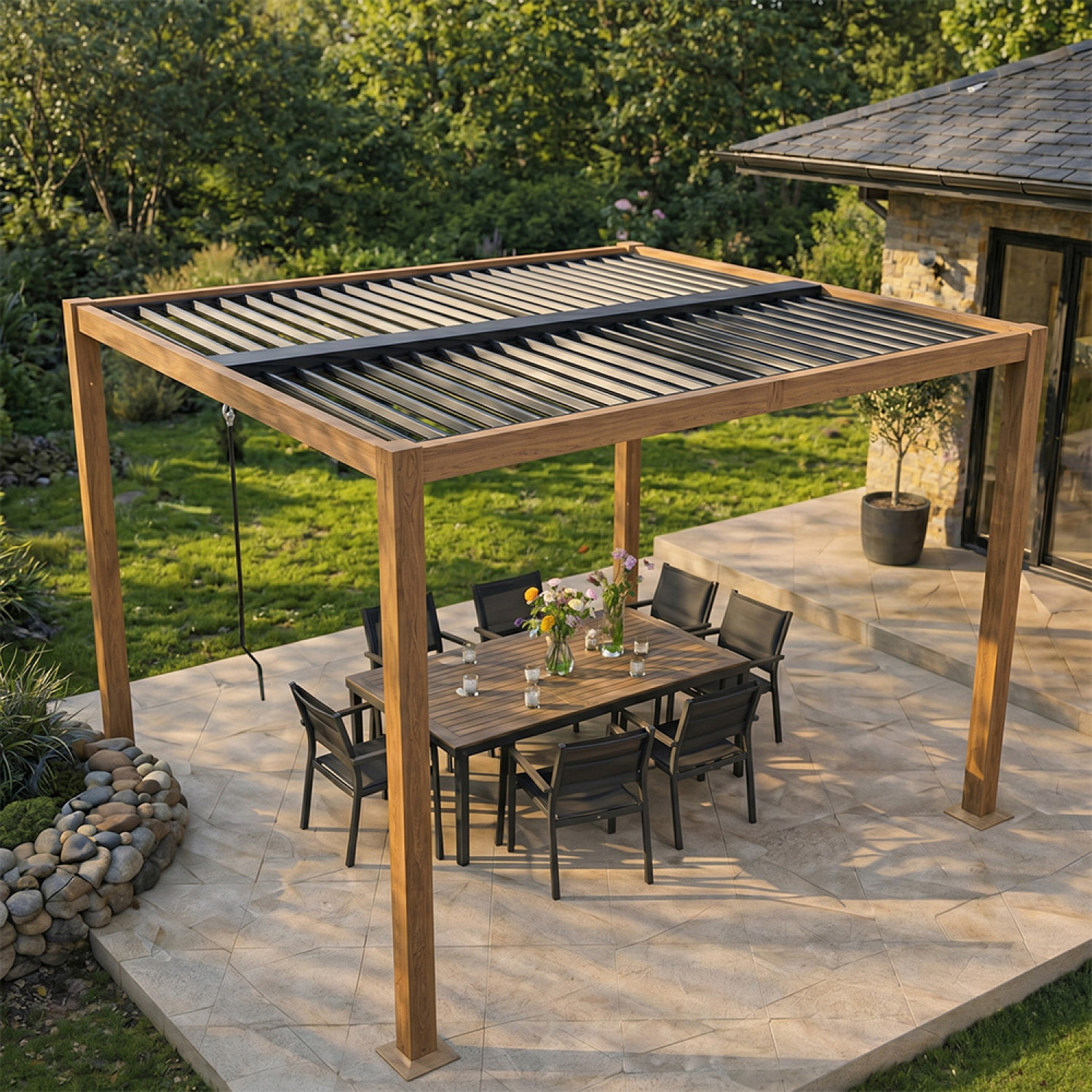 Pergola bioclimatique effet bois structure et lames orientables en aluminium 3x3m SOPRON