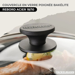 Set de 3 poêles de 20 24 et 28 cm en inox, 3 couvercles en verre et 6 ustensiles Fackelmann Eterna