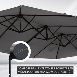 Parasol déporté grande taille XXL inclinable dim. 4,4L x 2,7l x 2,5H m piètement en acier inclus polyester gris