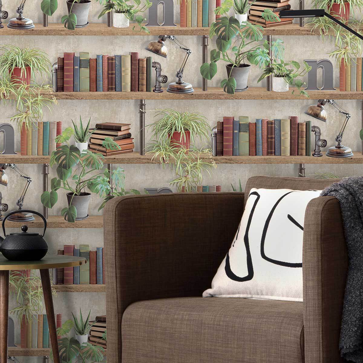 Papier peint étagères végétales style industriel