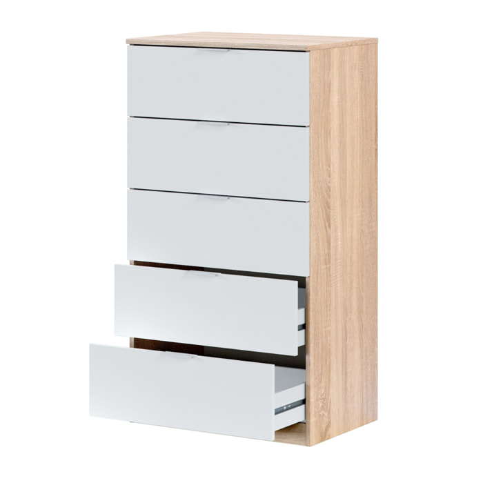 Cómoda 5 Cajones 110x60x40 Cm Blanco Artik Y Roble Canadian
