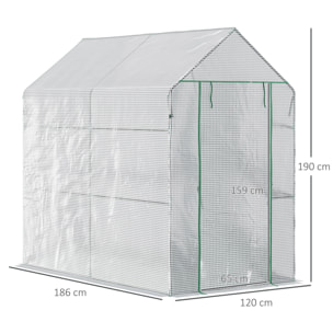 Serre de jardin 2 tablettes dim. 1,86L x 1,2l x 1,9H m porte déroulante acier PE haute densité 140 g/m² transparent blanc