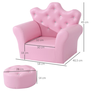 Sofá para Niños con Reposapiés Sillón Infantil Decorativo con Respaldo Alto en Forma de Corona y Reposabrazos Acolchado 58x40,5x49 cm Rosa