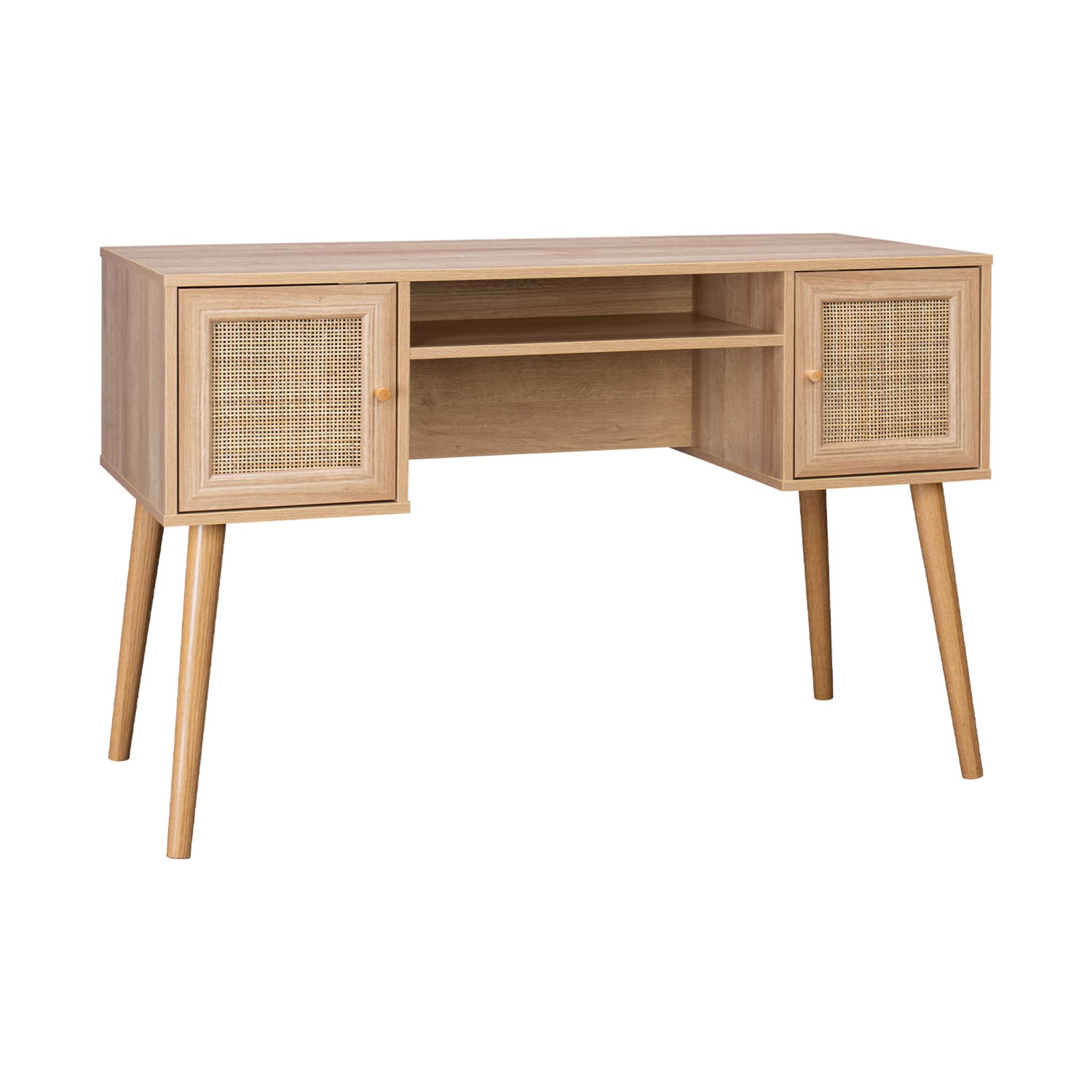 Bureau cannage et décor bois avec 2 portes. 1 casier ouvert. pieds compas