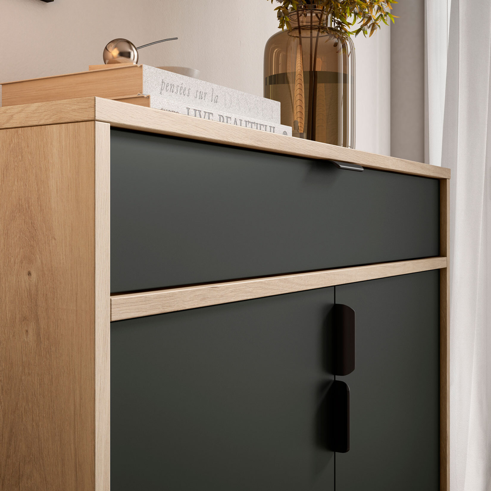 Zapatero Alice melamina roble claro puertas grafito 89x80x29 cm