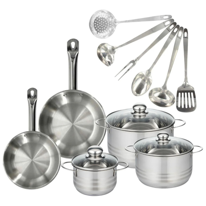 Set 2 poêles 20 et 24 cm en inox, 3 faitouts inox 16, 20 et 24 cm et 6 ustensiles inox Fackelmann Eterna