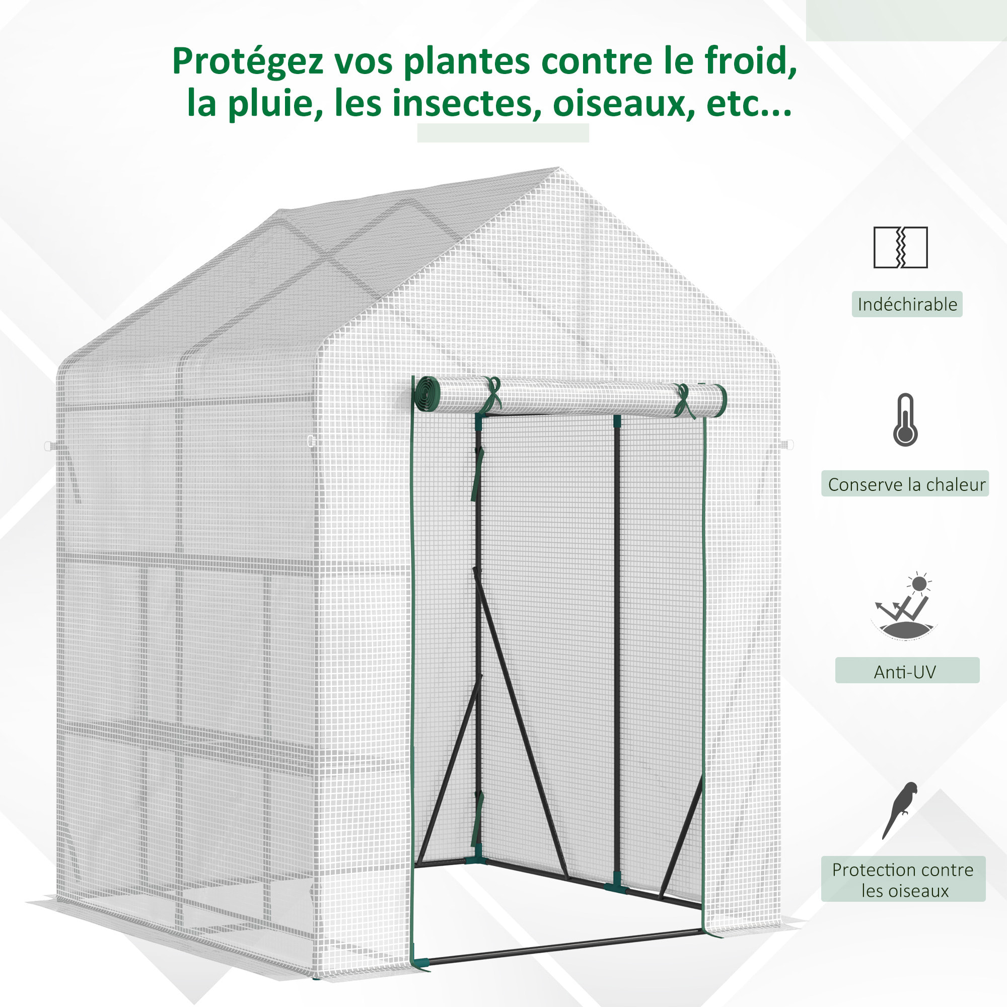 Serre de jardin 2 tablettes dim. 1,43L x 1,43l x 1,95H m porte déroulante acier PE haute densité 140 g/m² transparent blanc