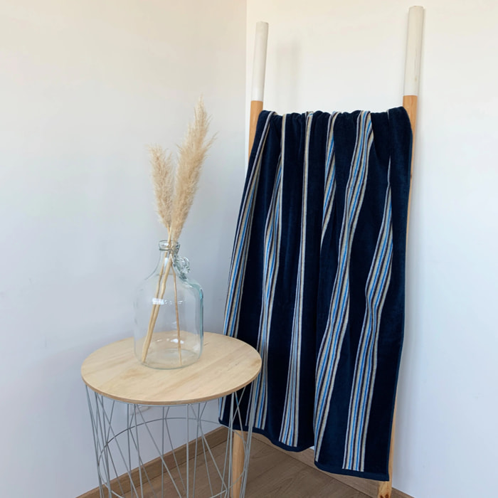 Serviette de plage éponge velours Jacquard Bleu 70x140 400g/m² - Milonga M Bleu Marine