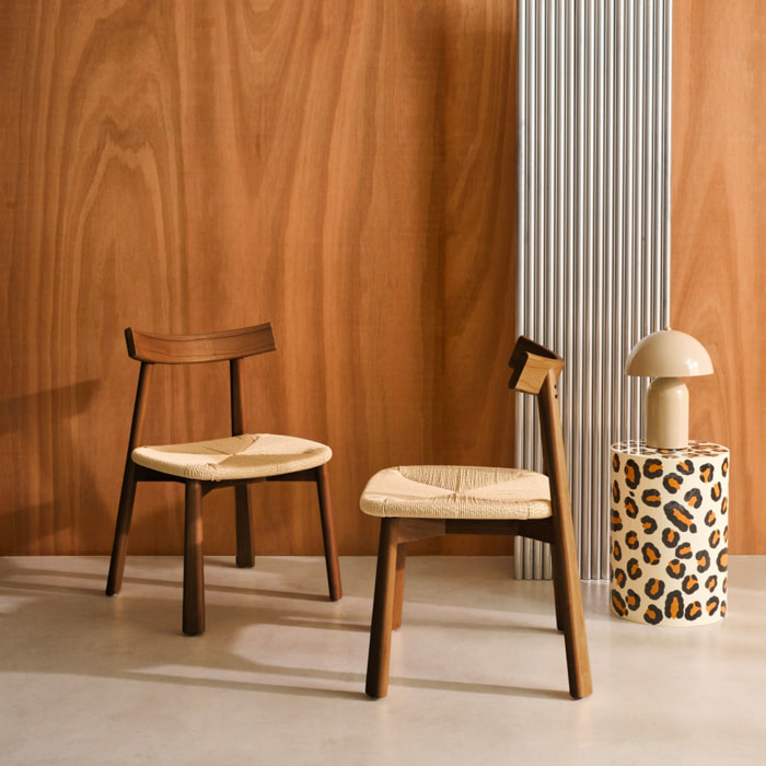 Lot de 2 chaises scandinaves en bois d'hévéa effet noyer et assise en corde beige