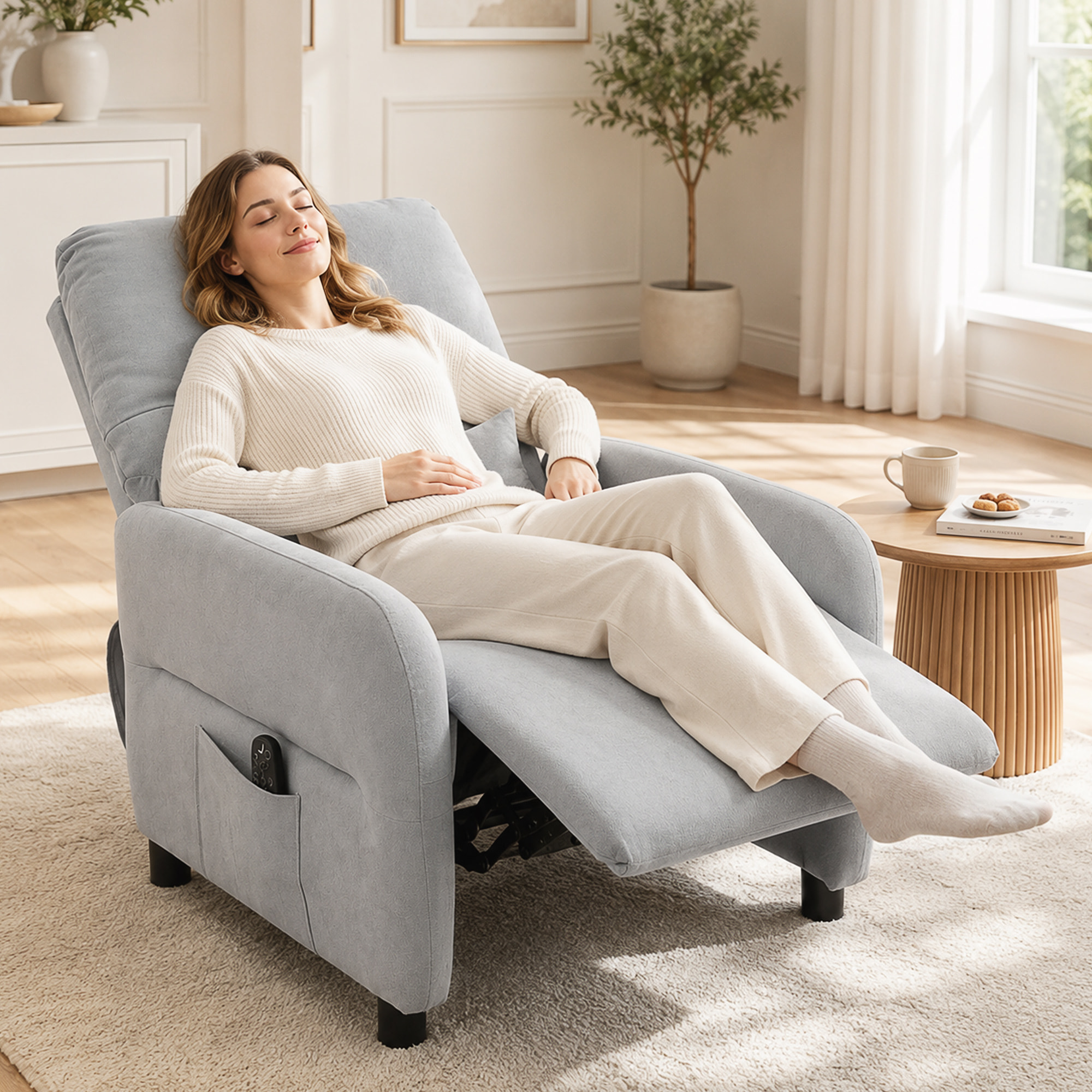 Sillón de Masaje, Sillón Relax Reclinable Manual con 8 Puntos Masaje, Calor Lumbar, Mando a Distancia, Asiento con Muelles, Reposapiés, Cojín Lumbar, Bolsillos Laterales, Tejido de Rizo, Gris