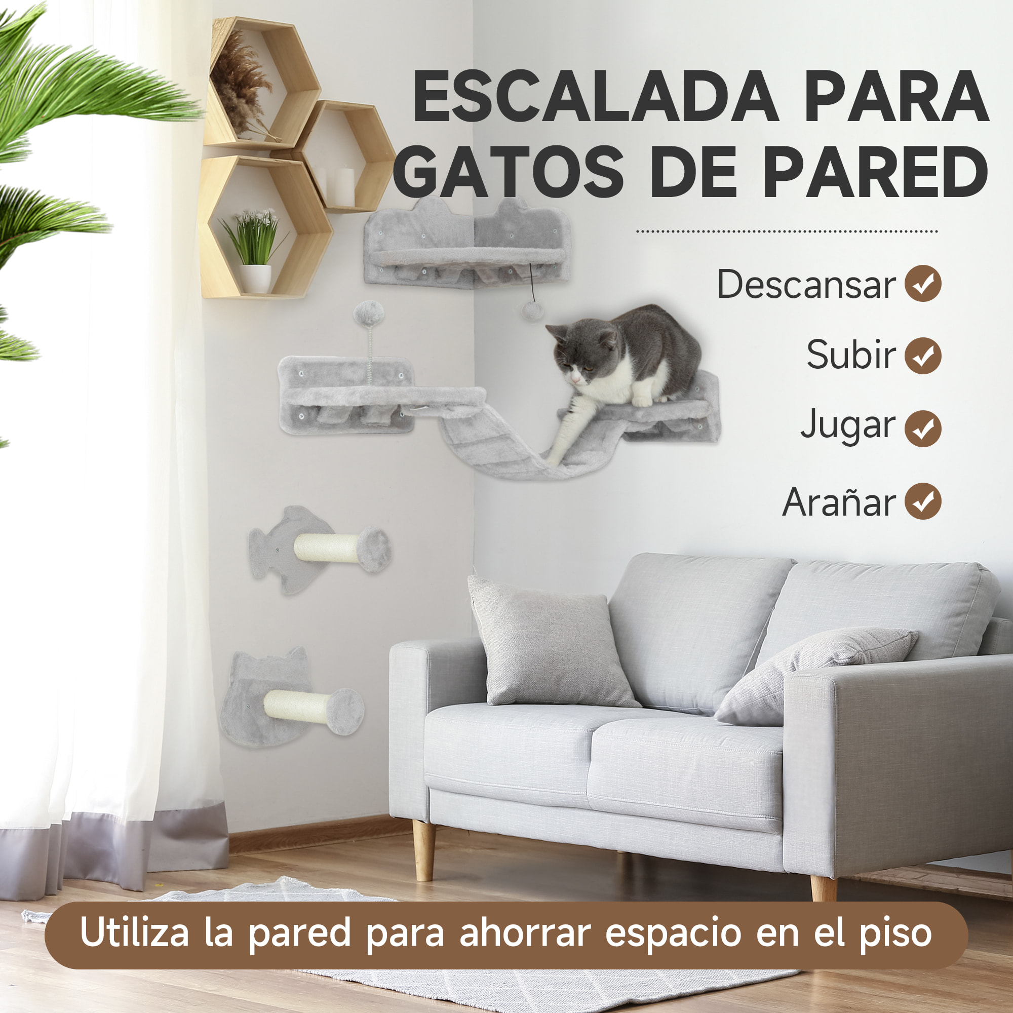 Juego de Estanterías para Gatos de 4 Piezas Rascador de Pared para Gatos con 2 Postes de Sisal Plataforma Doble con Escalera Suave y 1 Plataforma para Saltar Gris Claro