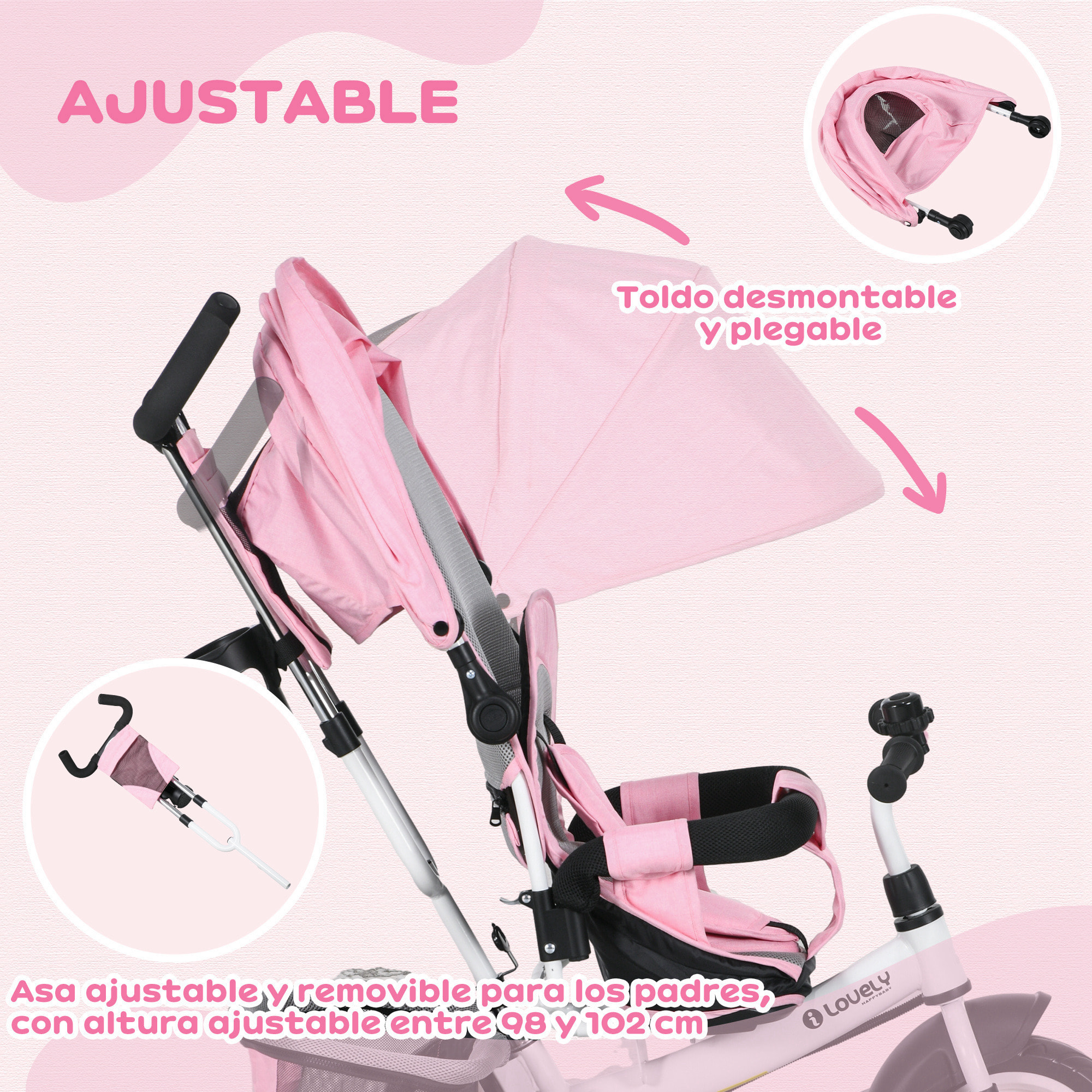 Triciclo para Bebés Triciclo Evolutivo para Niños con Toldo Plegable Mango de Empuje Telescópico y Desmontable Bolso para Mamá y Portabotellas 102x49x102 cm Rosa