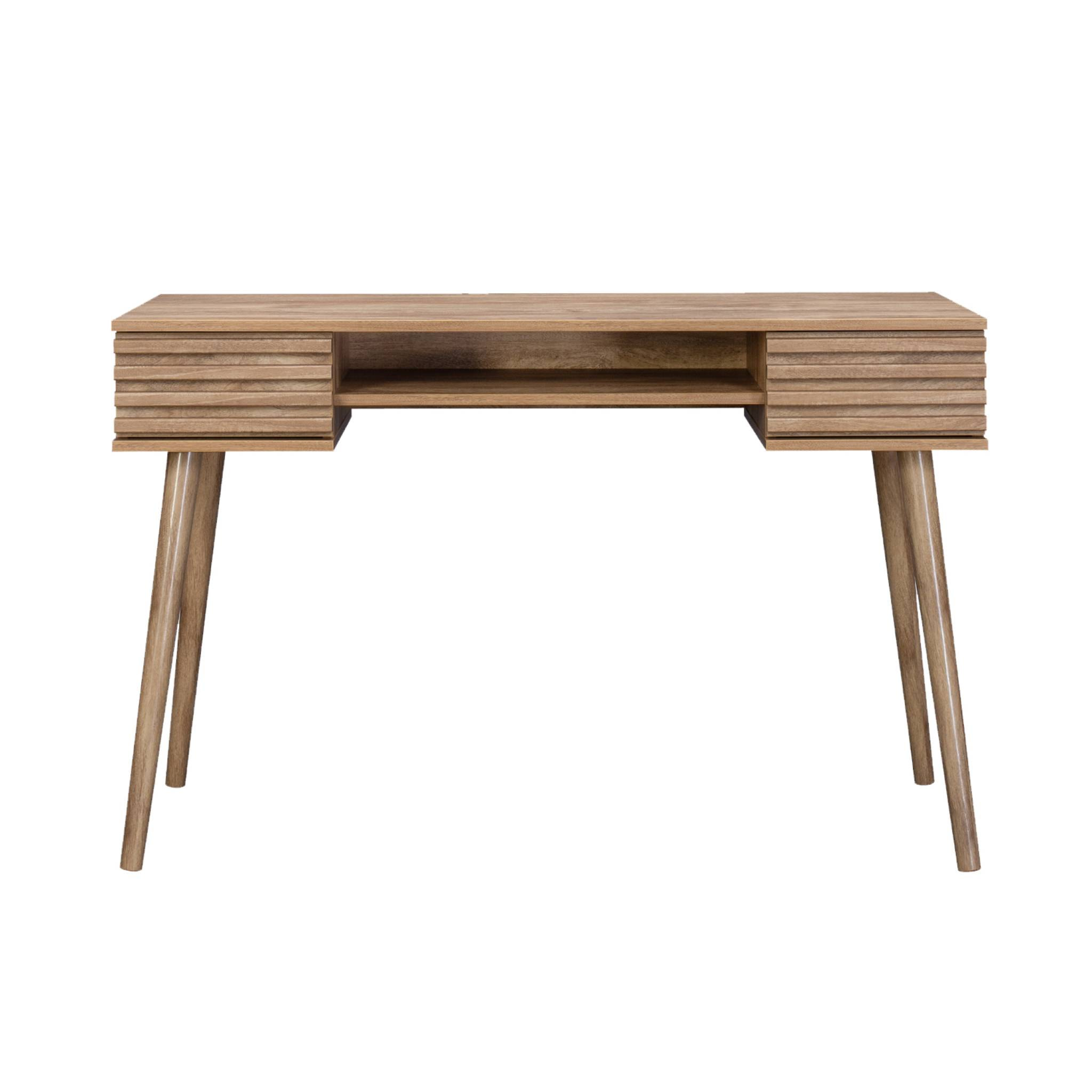 Bureau effet bois 2 tiroirs MADERE naturel. 1 casier. façade rainurées. 120 x 55 x 76.5 cm