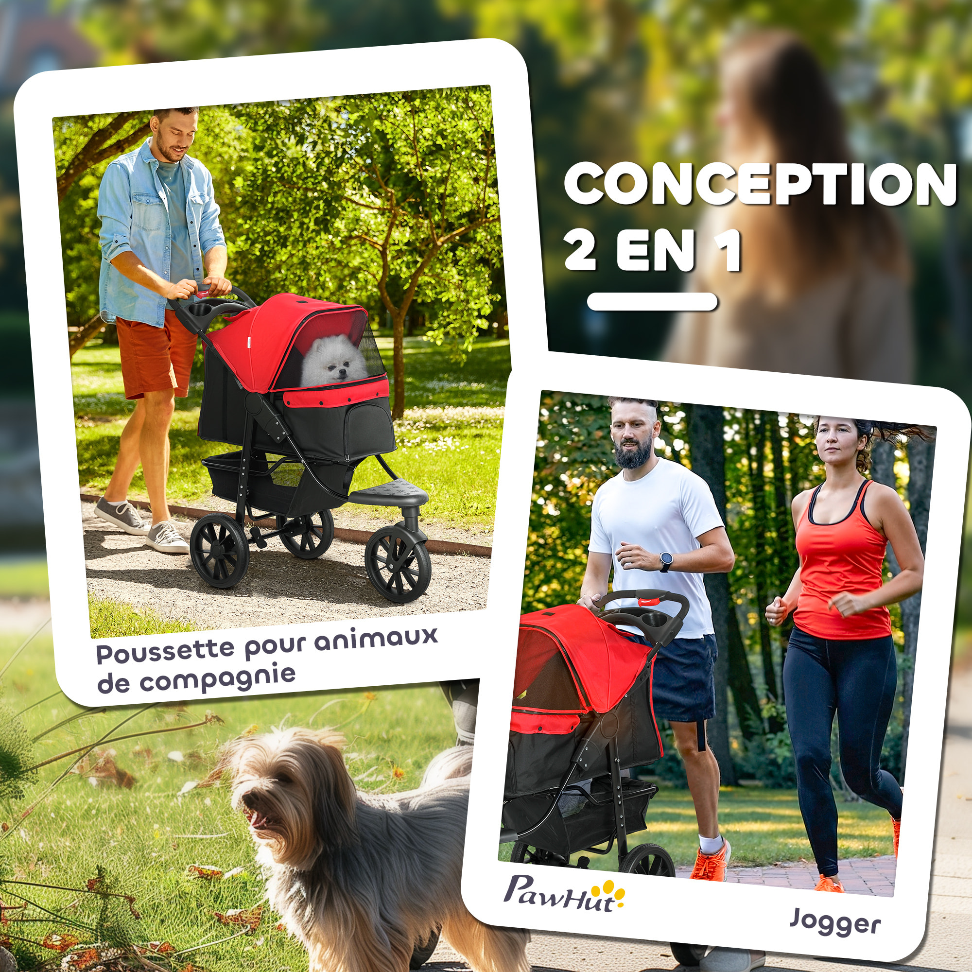 Poussette pour chien pliable 3 roues tout-terrain rouge noir