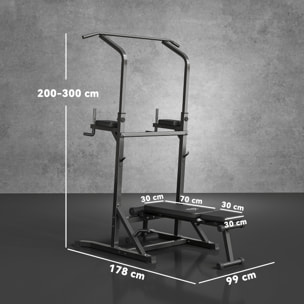 HOMCOM Estación de Musculación Torre de Entrenamiento Altura Ajustable con Barra de Dominadas y Banco Plegable para Fitness en Casa Gimnasio Carga 150 kg 99x178x230 cm Negro