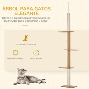 Árbol para Gatos del Suelo al Techo 43x27x228-260 cm Torre para Gatos con Altura Ajustable 4 Plataformas Espaciosas y Poste de Sisal Marrón