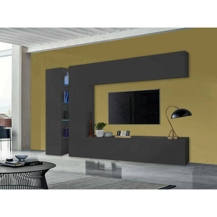 Parete attrezzata Costanzo, Set salotto porta TV a 4 ante, Mobile soggiorno multiuso, 100% Made in Italy, cm 280x30x180, Antracite