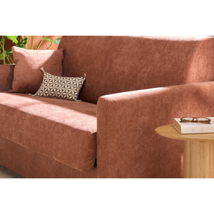 Canapé convertible 2-3 places en tissu effet velours terre brûlée et bois clair avec matelas 13 cm SKANDY