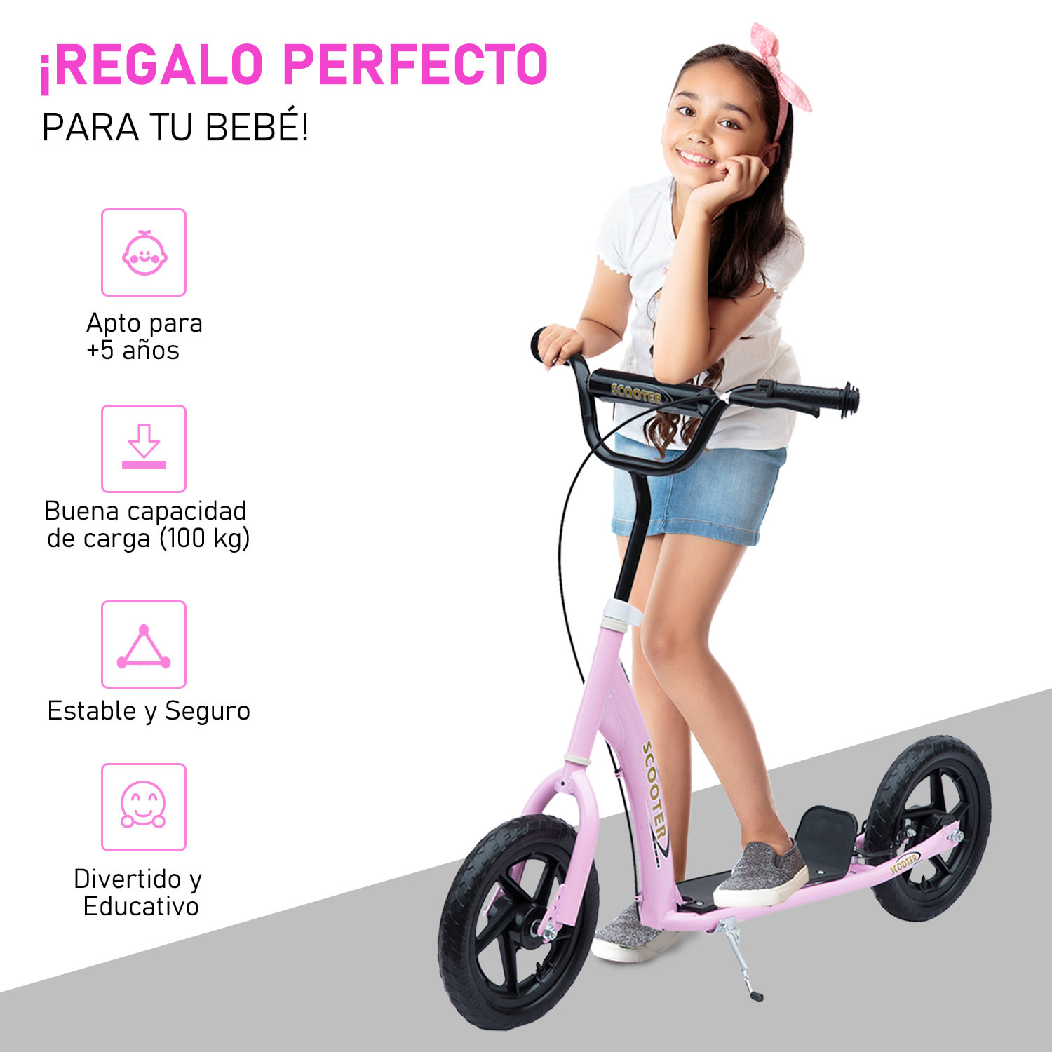 Patinete para Niños con Ruedas Grandes Freno Manillar Ajustable en Altura Rosa