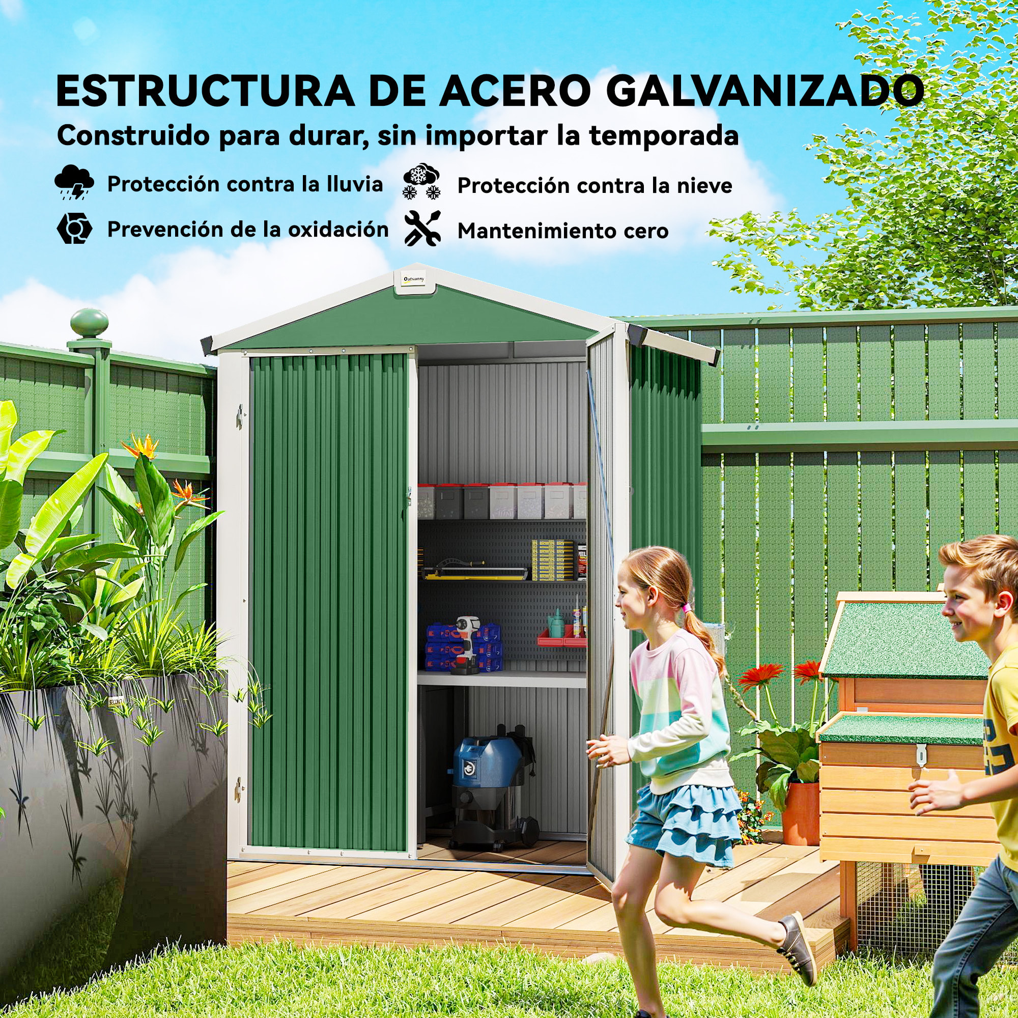 Caseta de Jardín Exterior 1,1 m², 133x87x178 cm, Cobertizo de Jardín Exterior Metálico con Puertas Correderas, Techo Inclinado y Guantes, para Almacenaje de Herramientas Bicicletas, Verde