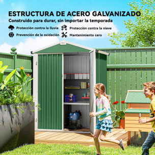 Caseta de Jardín Exterior 1,1 m², 133x87x178 cm, Cobertizo de Jardín Exterior Metálico con Puertas Correderas, Techo Inclinado y Guantes, para Almacenaje de Herramientas Bicicletas, Verde