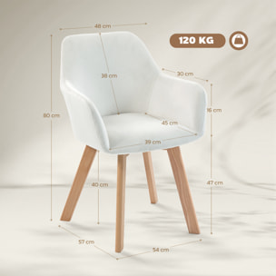 Pack de 2 Sillas de Comedor Modernas, Sillas de Cocina Tapizado en Terciopelo, con Respaldo, Reposabrazos y Patas de Madera, Carga 120 kg, para Salón, Dormitorio, 54x57x80 cm, Blanco Crema