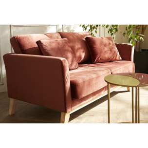 Canapé scandinave déhoussable 2 places en tissu velours rouge tomette et bois clair OSLO