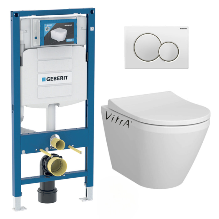 Pack WC Bati-support Geberit + WC Vitra Integra fixations invisibles + Abattant softclose + Plaque blanche (GebIntegraRimless-B)