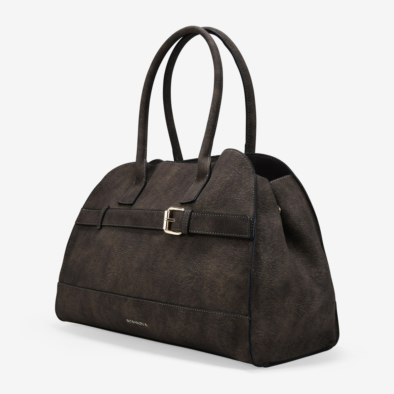 Bolso de mano marrón con cinturón y hebilla