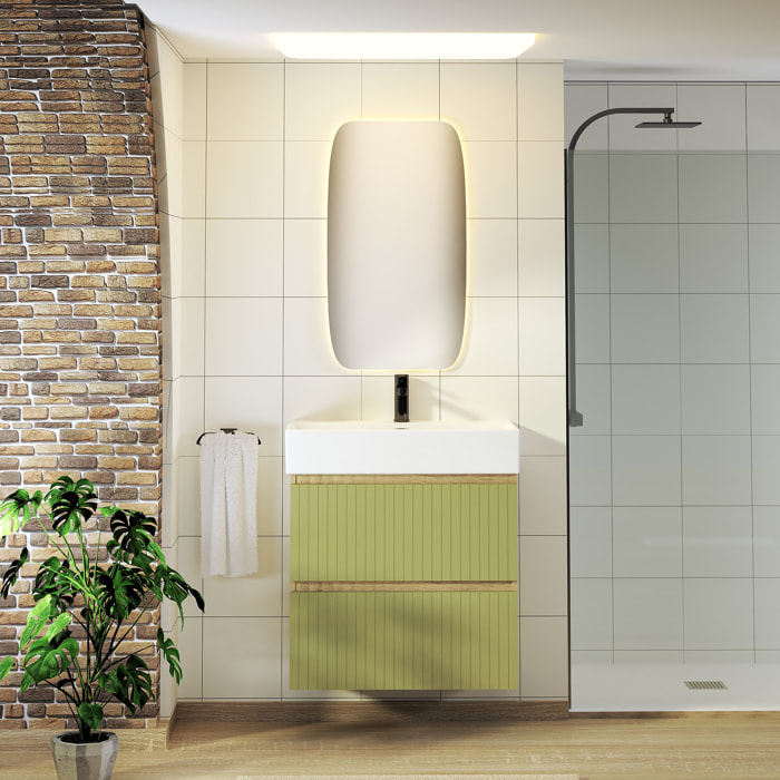Conjunto de Baño Zel | Mueble Suspendido | 70 cm Verde | Dos Cajones | Lavabo Encastrado | No incluye Espejo | Mueble Montado| Alday