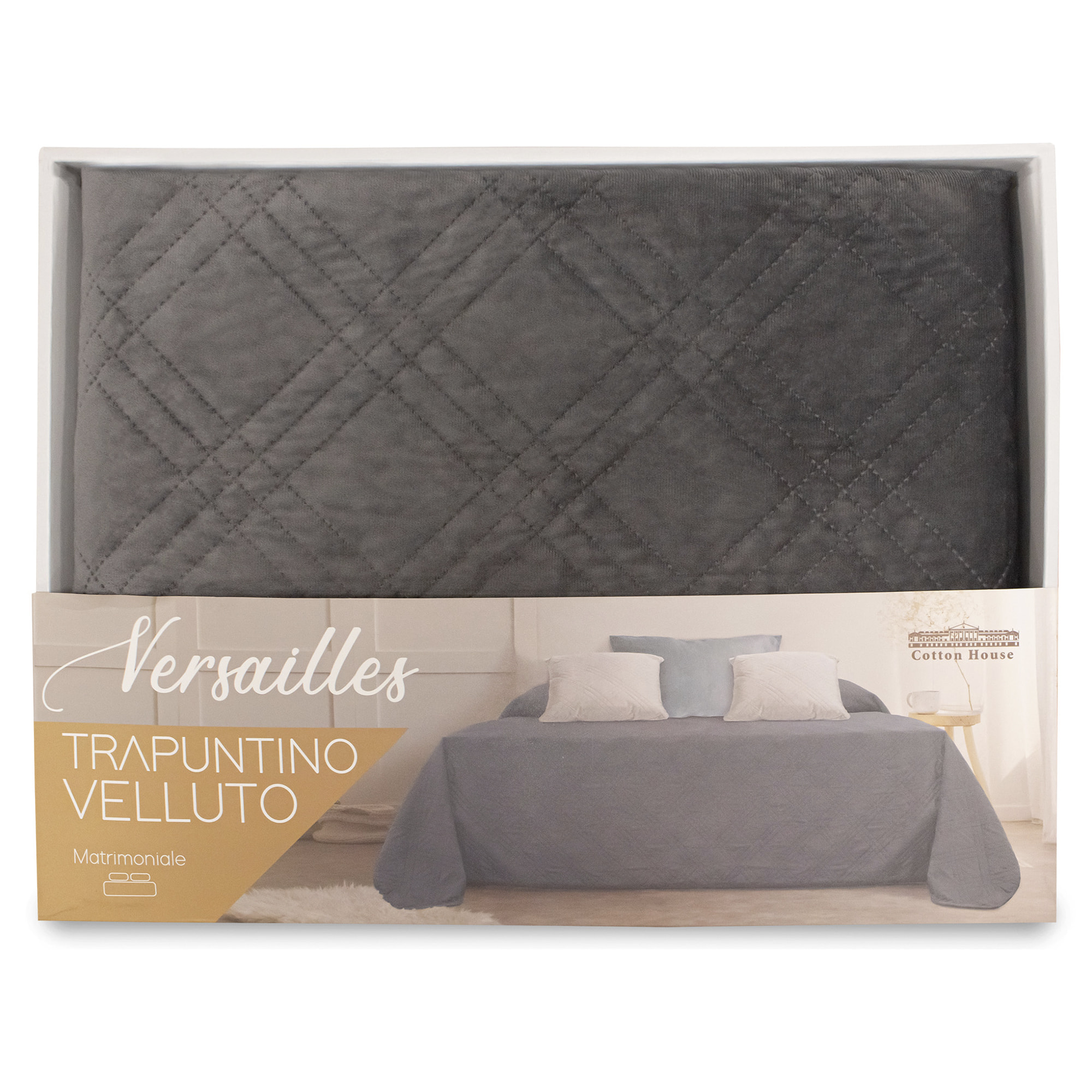 TRAPUNTINO MATRIMONIALE VELLUTO DIS.VERSAILLES GRIGIO SCURO