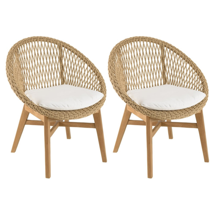 VALERIA - Lot de 2 fauteuils jardin arrondi teck rotin synthétique /coussin