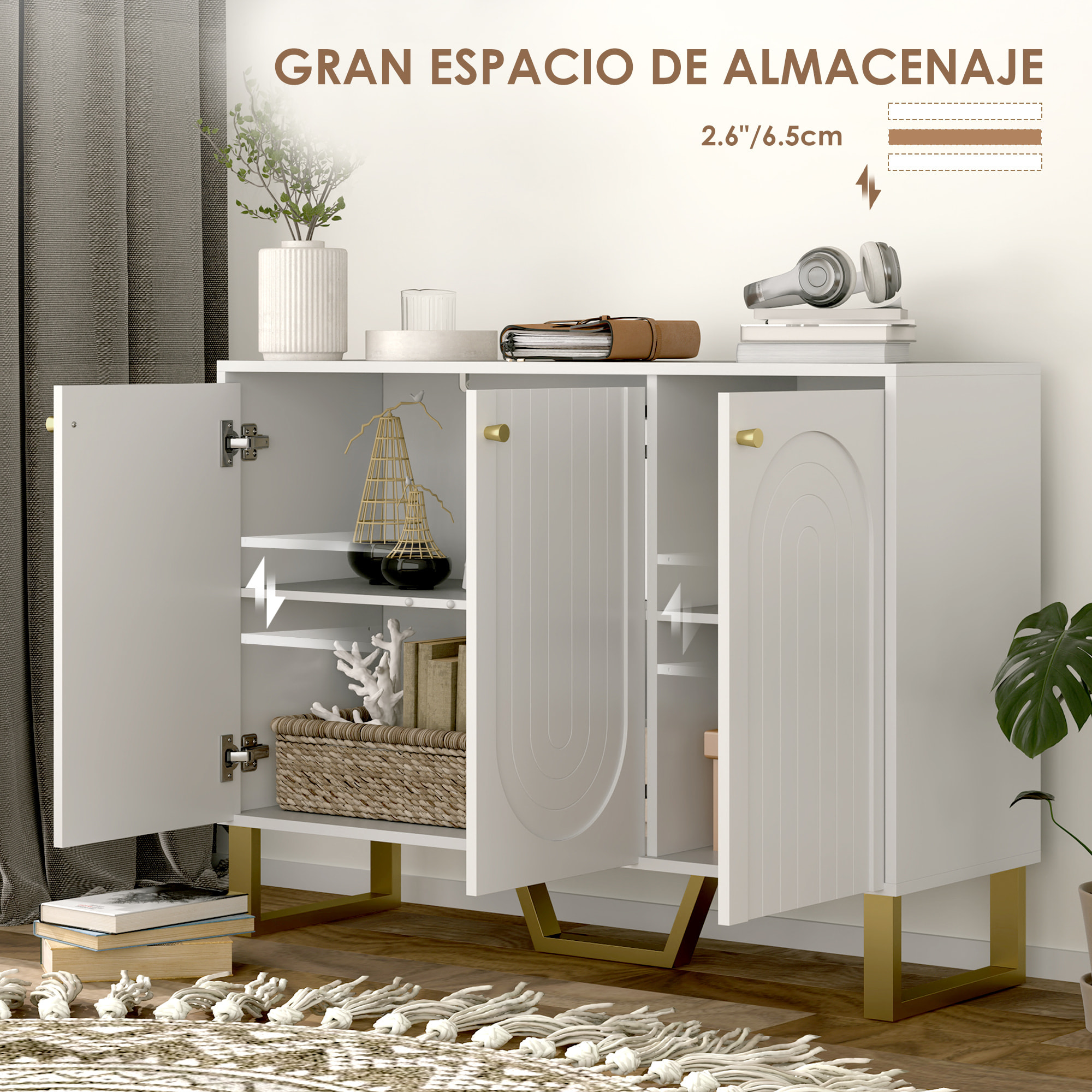 Aparador 3 Puertas Aparador para Salón Moderno con Estantes Ajustables y Patas Doradas para Comedor Entrada Mueble para TV hasta 50 Pulgadas Blanco 106,5x35x77,5 cm