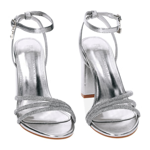 Sandalo donna argentato, tacco largo 8,5 cm