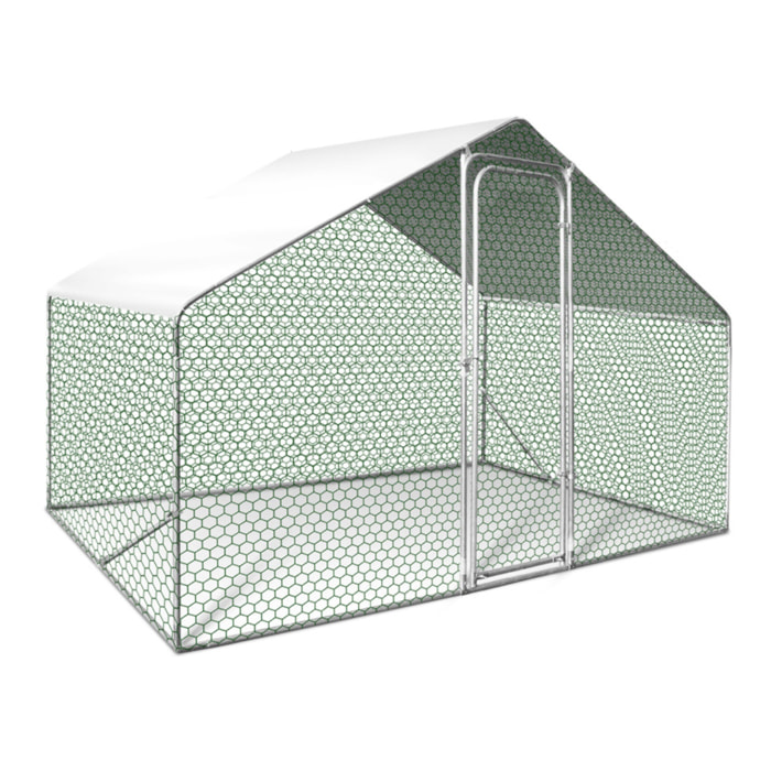 Enclos poulailler - Structure grise / Grillage vert / Filet noir / Brise-soleil blanc