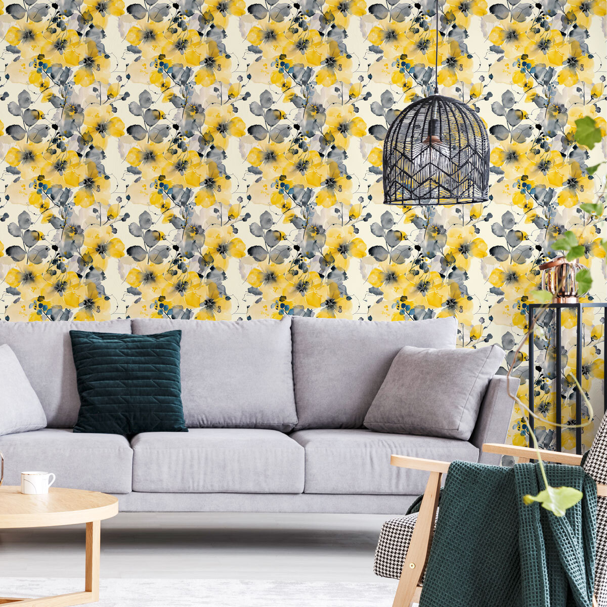 Papier peint intissé pré-encollé - SCANDINAVE FLEURS AQUARELLES JAUNES - 1 rouleau