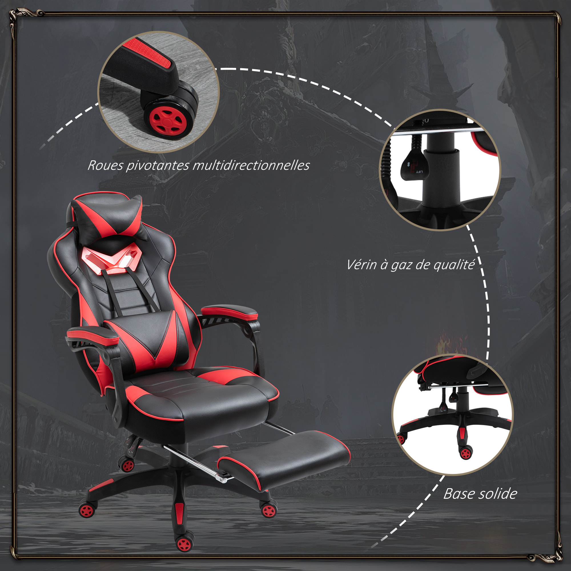 Vinsetto Fauteuil de bureau gamer style baquet racing - pivotant, inclinable - coussin lombaire, tétière, repose-pieds inclus - revêtement synthétique rouge noir