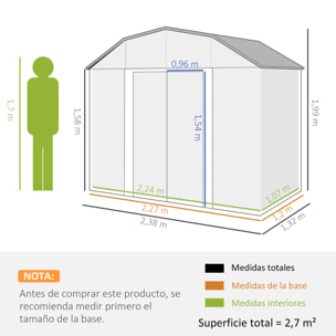 Cobertizo de Jardín Exterior 2,7 m² 238x132x198,5 cm Caseta de Exterior Metálica con Base Estantes Ajustables 2 Puertas Corredizas y 2 Ventanas Gris Oscuro